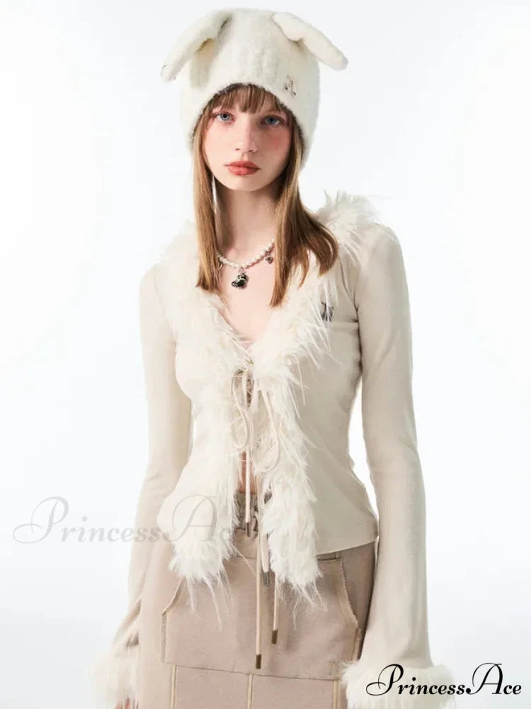 Tie Up Soft V-neck Cardigan White TOPS / S cardigans-241228