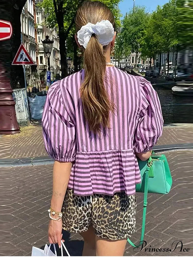 Tie Up Striped Round-neck Baggy Short Sleeve Blouse blouse-250126