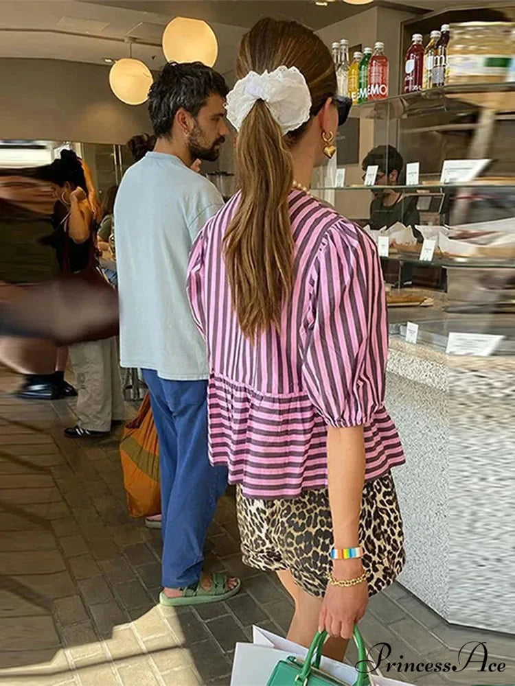 Tie Up Striped Round-neck Baggy Short Sleeve Blouse blouse-250126