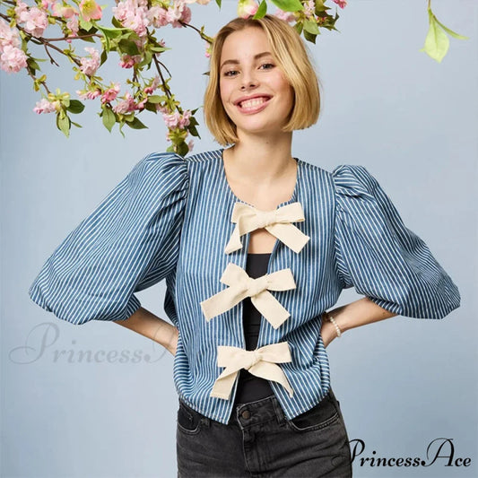 Tie Up Striped Round-neck Baggy Short Sleeve Blouse Blue / S blouse-250126