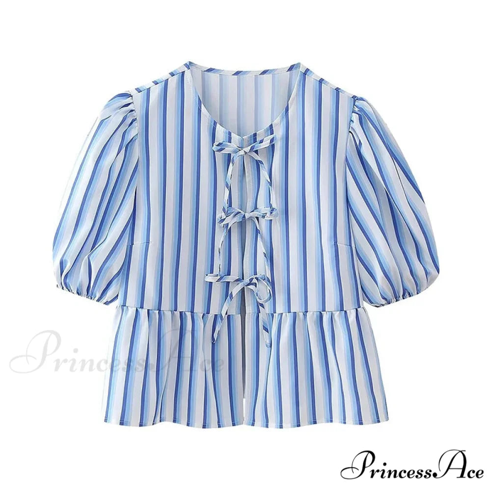 Tie Up Striped Round-neck Baggy Short Sleeve Blouse blue1 / S blouse-250126