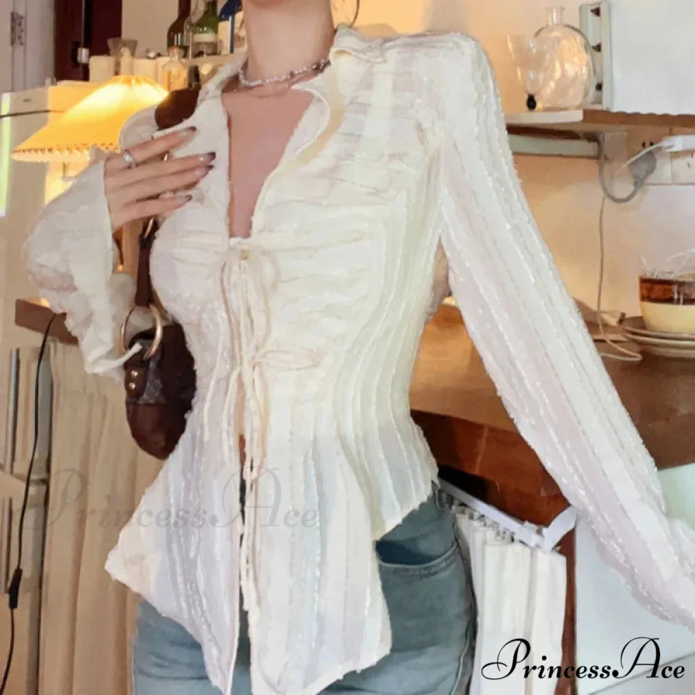 Tie Up Top Fold-over Collar Ladies Top APRICOT / S blouse-250126