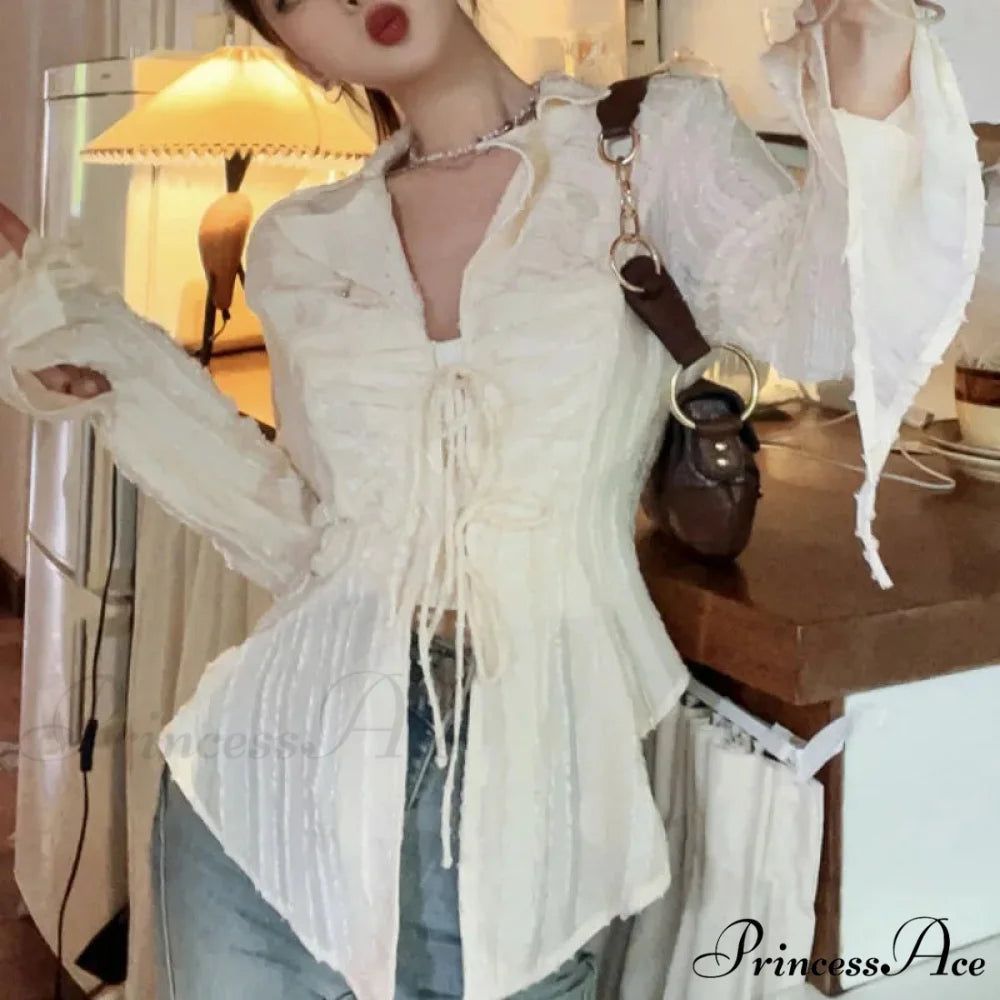 Tie Up Top Fold-over Collar Ladies Top blouse-250126