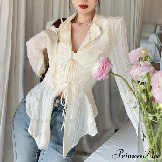 Tie Up Top Fold-over Collar Ladies Top blouse-250126