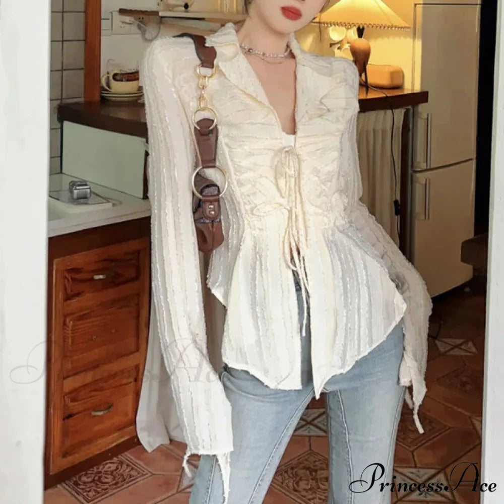 Tie Up Top Fold-over Collar Ladies Top blouse-250126