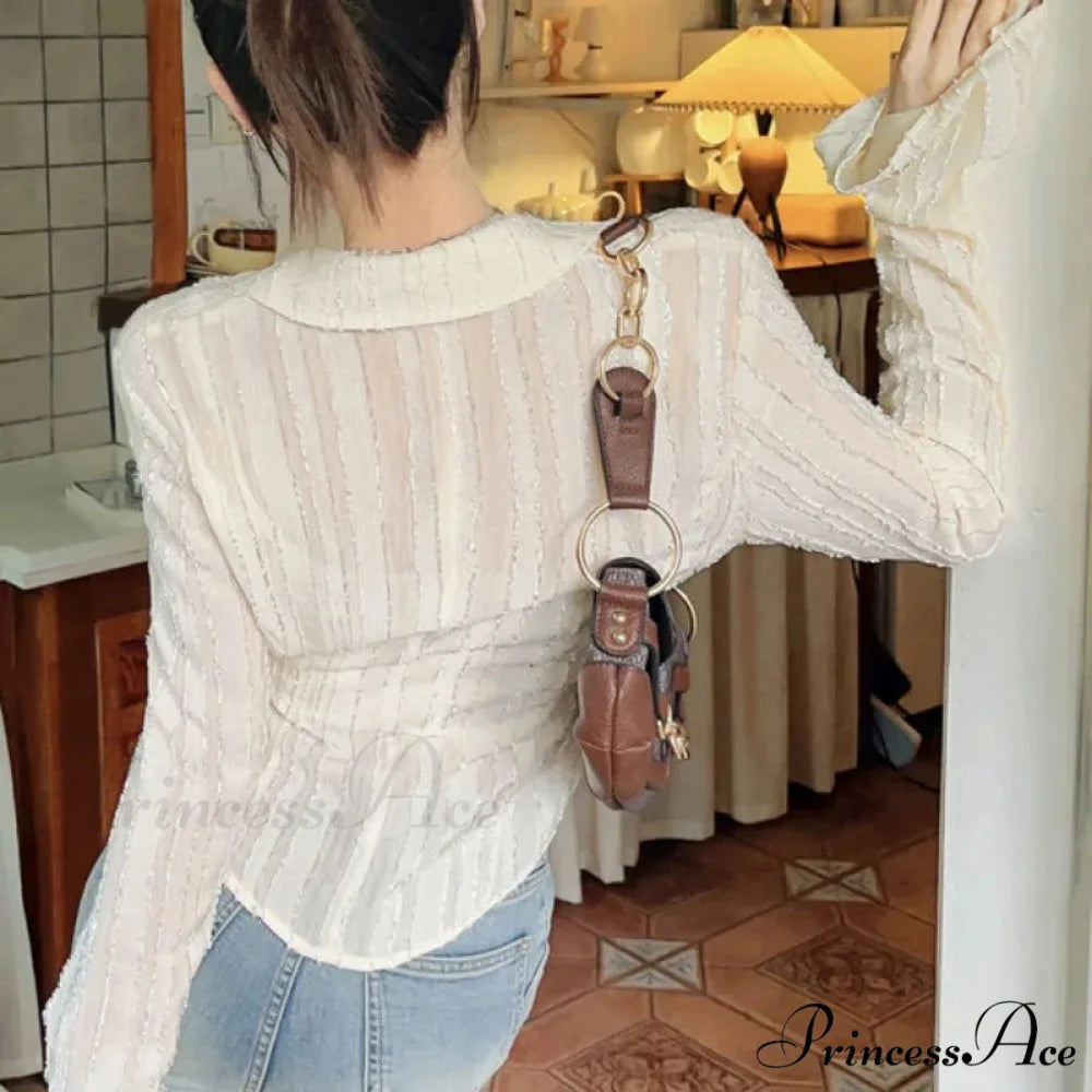 Tie Up Top Fold-over Collar Ladies Top blouse-250126