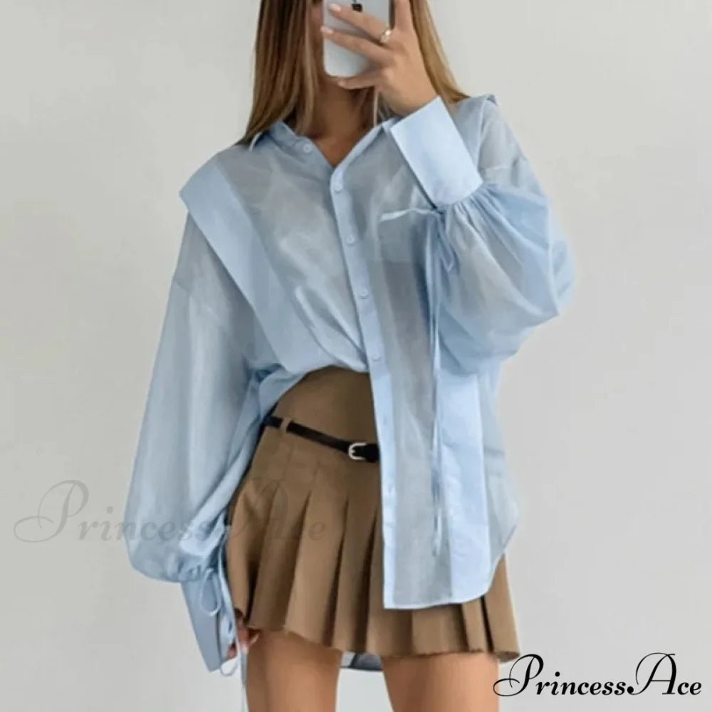 Tie-Up Transparent Informal Blouse Blue / S blouse-250223