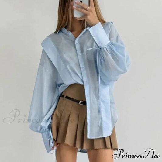 Tie-Up Transparent Informal Blouse Blue / S blouse-250223