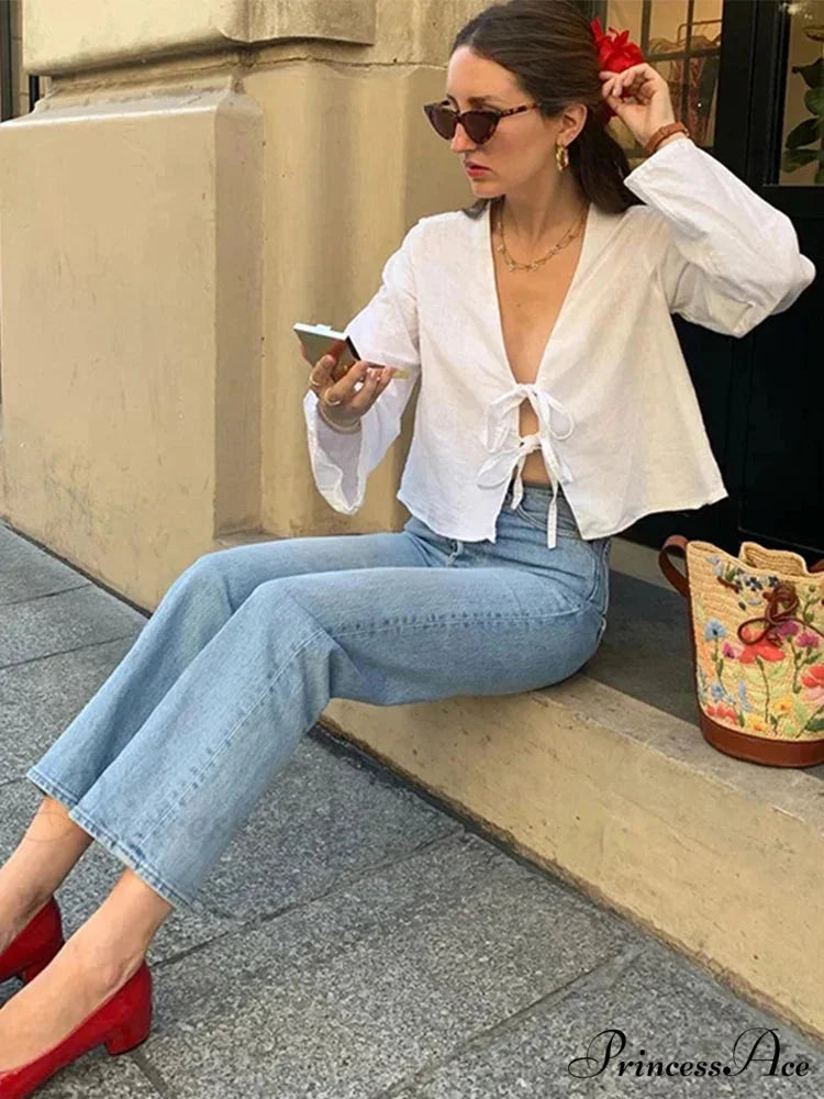 Tie-Up V-neck Relaxed Informal Long Sleeve Blouse blouse-250126