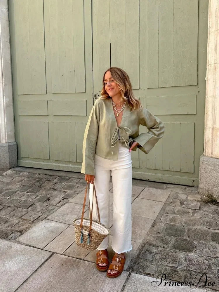 Tie-Up V-neck Relaxed Informal Long Sleeve Blouse blouse-250126