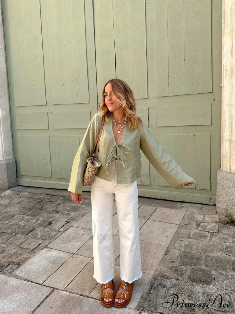 Tie-Up V-neck Relaxed Informal Long Sleeve Blouse blouse-250126