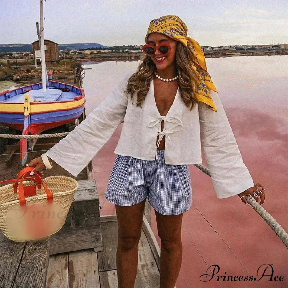 Tie-Up V-neck Relaxed Informal Long Sleeve Blouse White / S blouse-250126