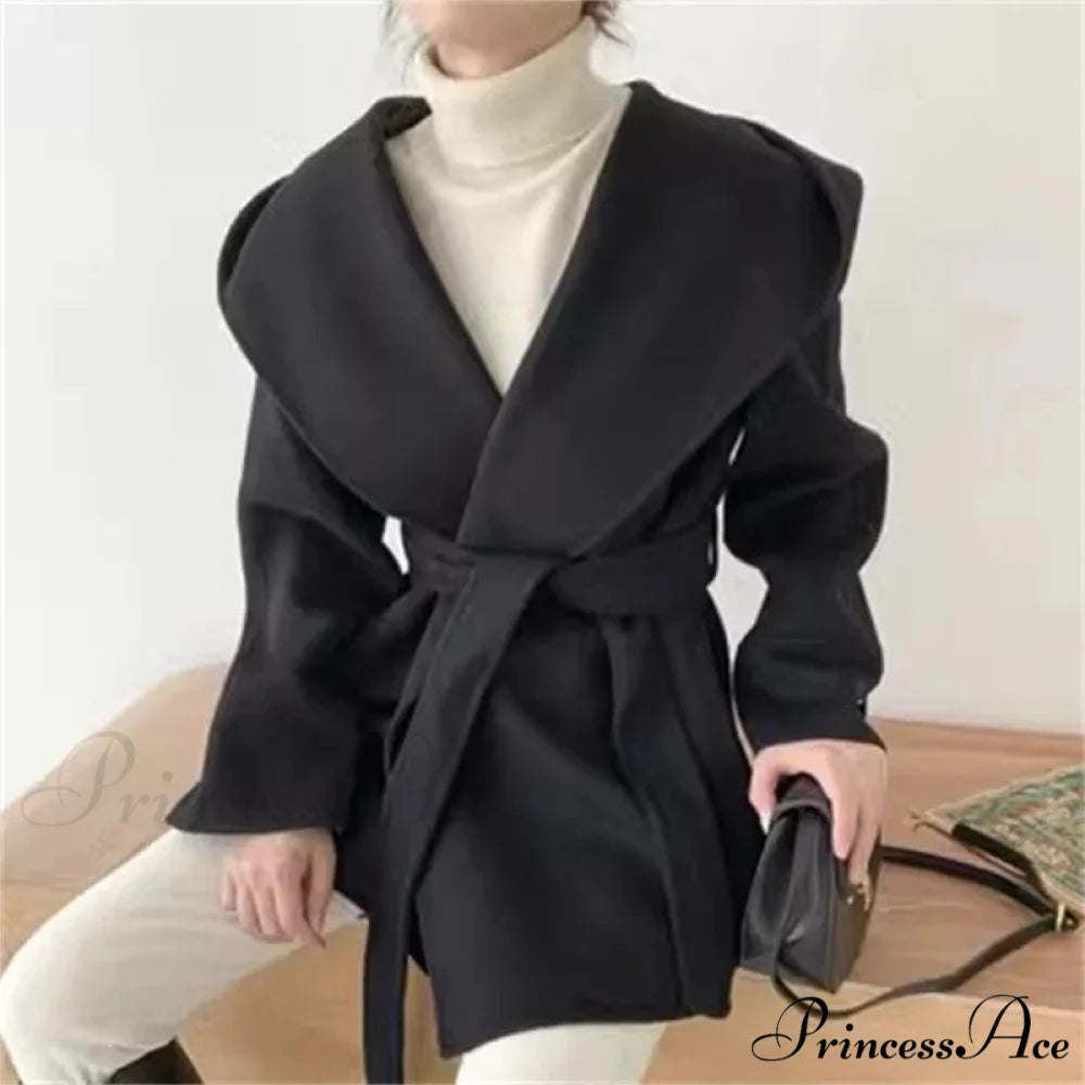 Tie-Up Woolen Hooded Coat Overcoat Black / One Size overcoats-241228