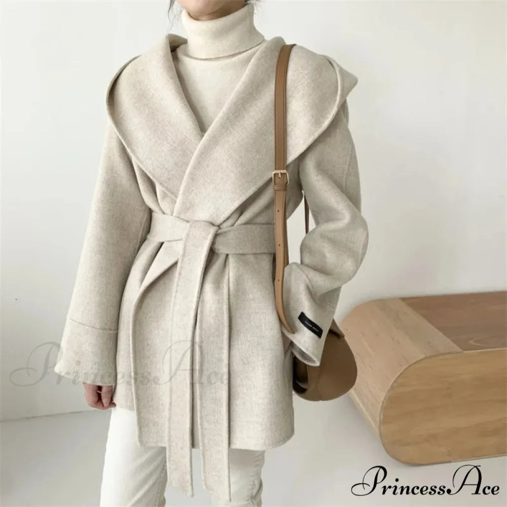 Tie-Up Woolen Hooded Coat Overcoat Oatmeal / One Size overcoats-241228