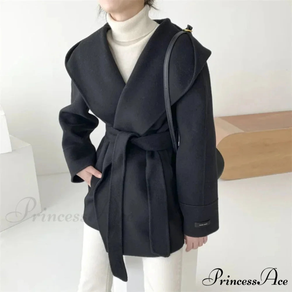 Tie-Up Woolen Hooded Coat Overcoat overcoats-241228