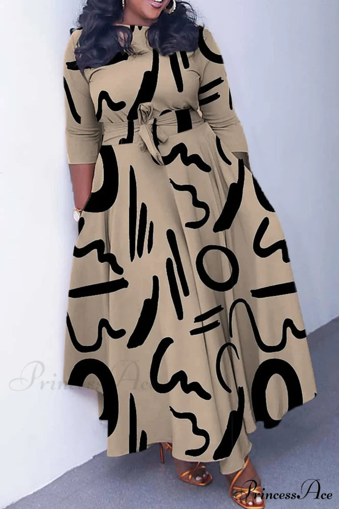 Tie-waist Dress with Print Khaki Letter / L