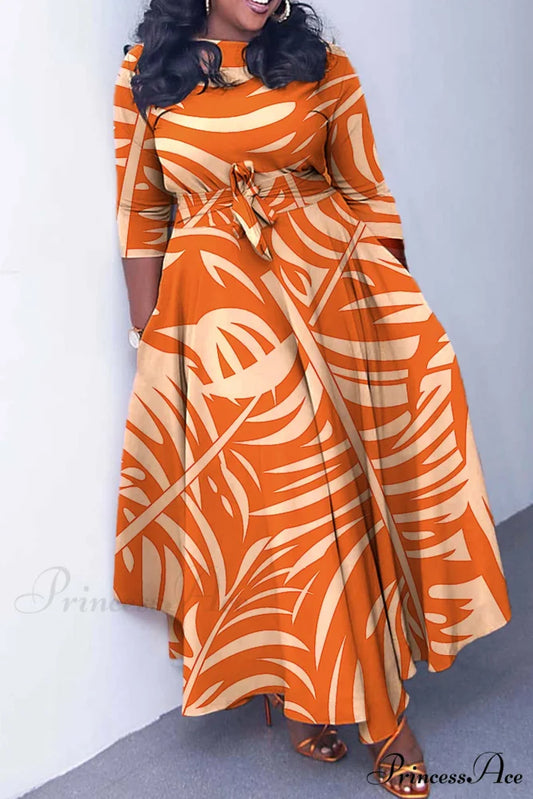 Tie-waist Dress with Print Orange Leaf / L