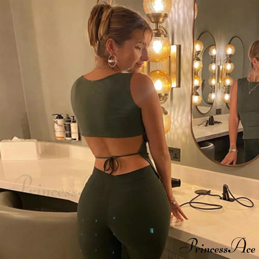 Tied Backless Solid Sleeveless Crop 2024 Summer Sexy Skinny Simple Trim Outfits Mock Neck Basic Tank top Green / S