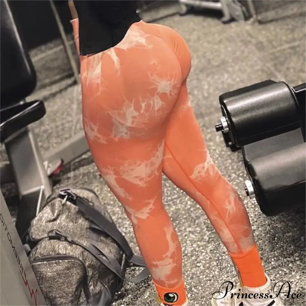 Tiedye Seamless Push Up Booty Pants Scrunch Sports Fitness High Waist Workout Yoga Leggings Orange / S