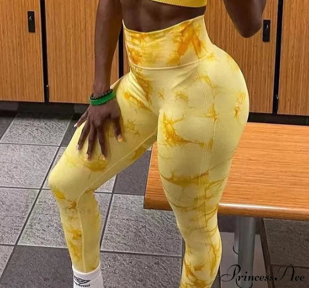 Tiedye Seamless Push Up Booty Pants Scrunch Sports Fitness High Waist Workout Yoga Leggings Yellow / S