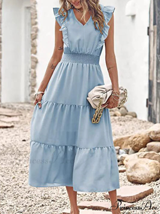 Tiered for Full-Length Flutter Color Chiffon Solid Arm Gown Women Blue / S