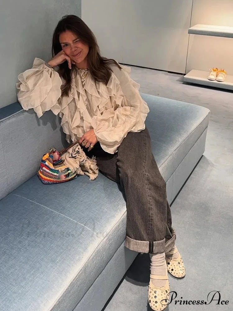 Tiered Frilled Long Sleeve Ivory Top blouse-250223