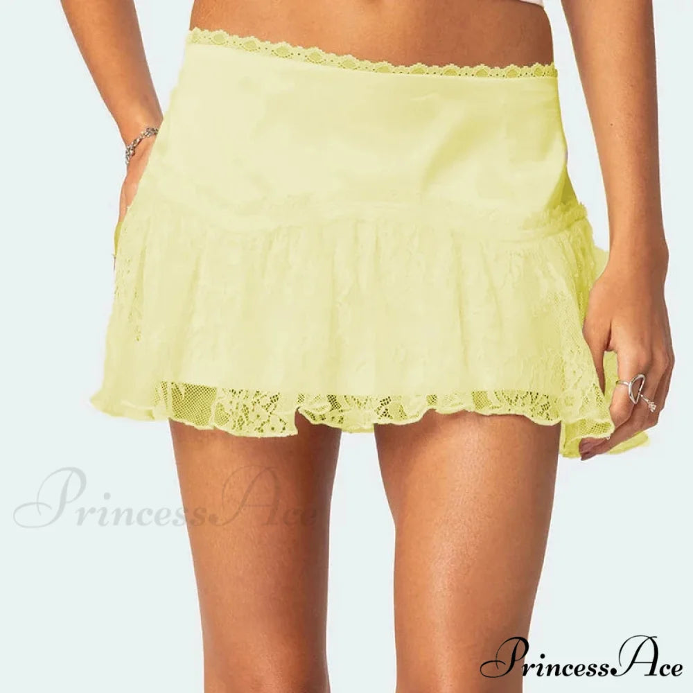 Tiered Lace Billowy Frilled Skirt Yellow / S skirts-250223