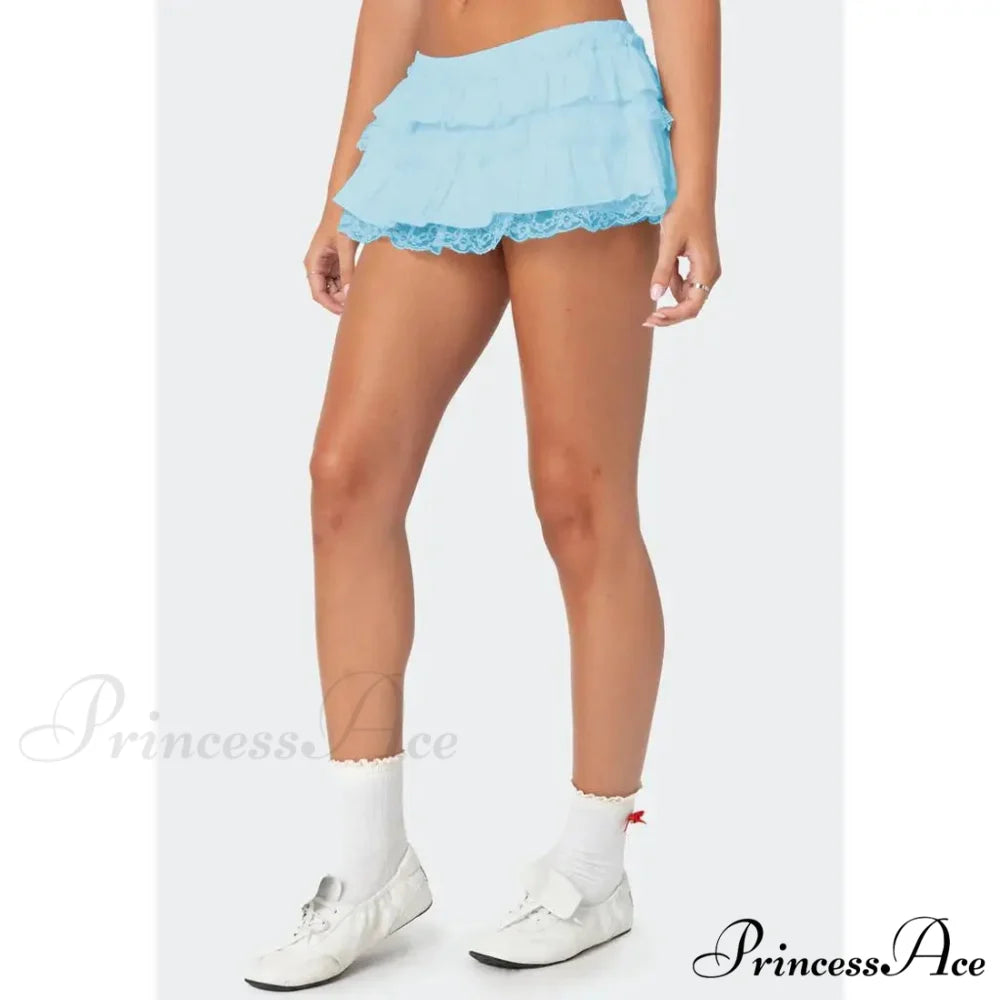 Tiered Lace Trim Skort Skirt Blue / S skirts-250223