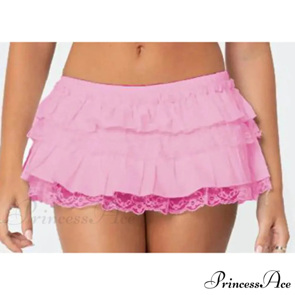Tiered Lace Trim Skort Skirt Pink / S skirts-250223