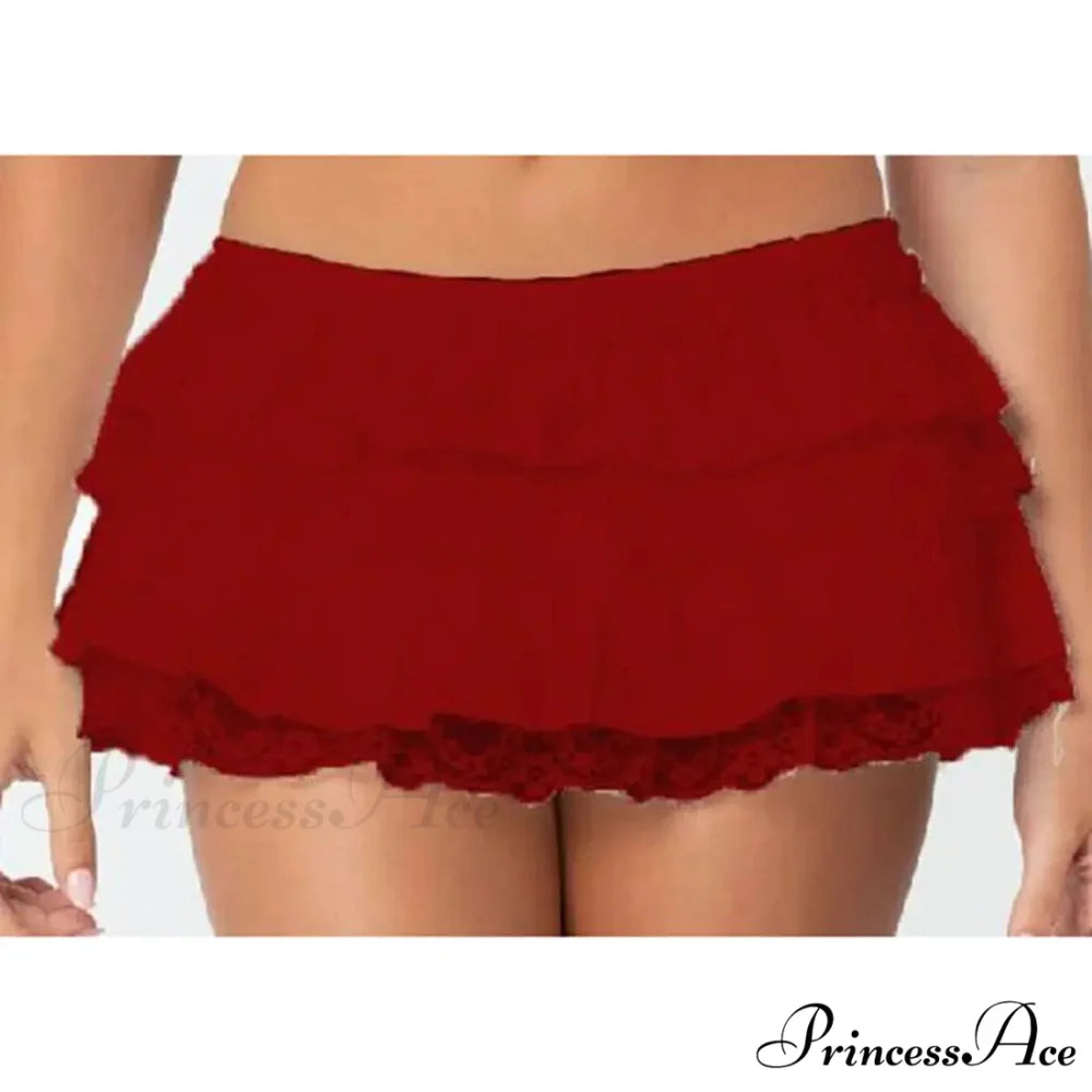 Tiered Lace Trim Skort Skirt Red / S skirts-250223