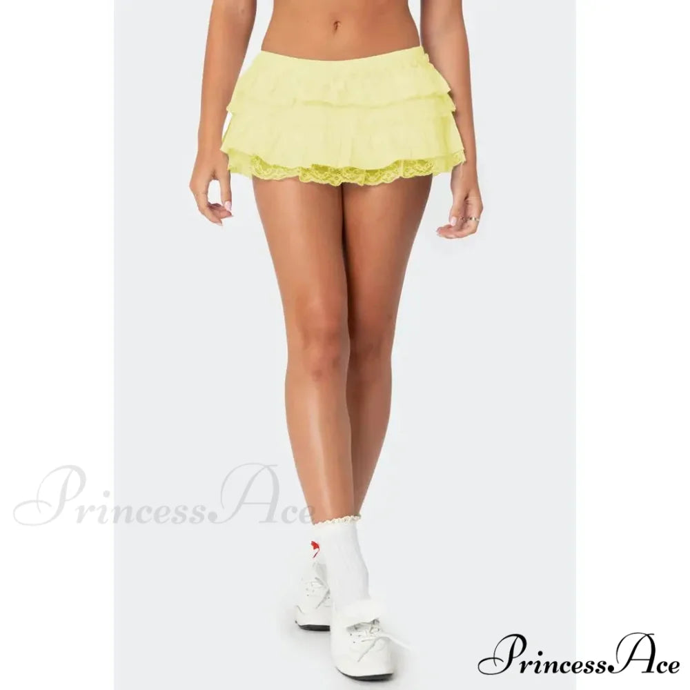 Tiered Lace Trim Skort Skirt Yellow / S skirts-250223