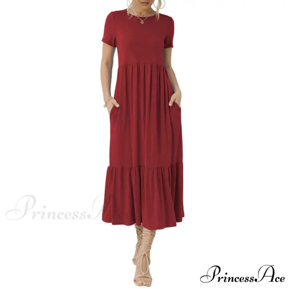 Tiered Maxi Beach Dress with Pockets - Short Sleeve M / Black