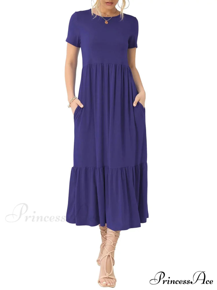Tiered Maxi Beach Dress with Pockets - Short Sleeve M / Blue