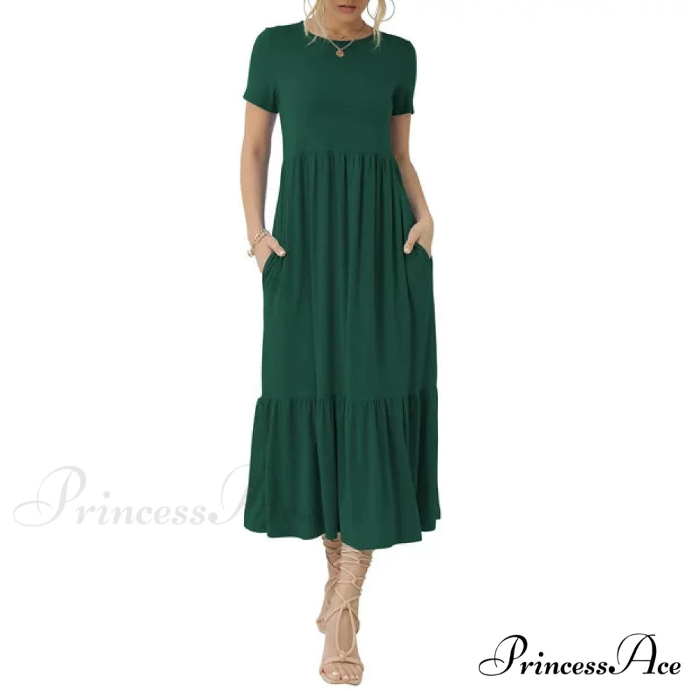 Tiered Maxi Beach Dress with Pockets - Short Sleeve M / Navy