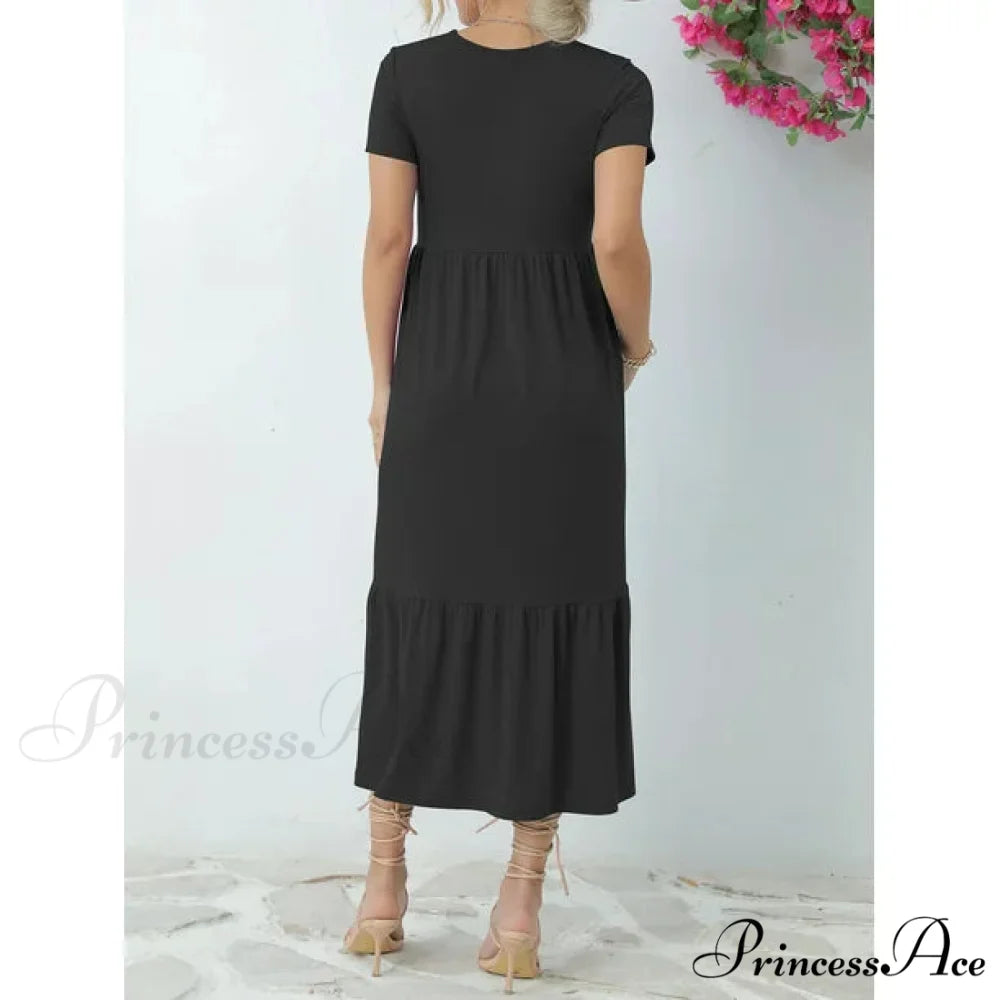 Tiered Maxi Beach Dress with Pockets - Short Sleeve M / Pink