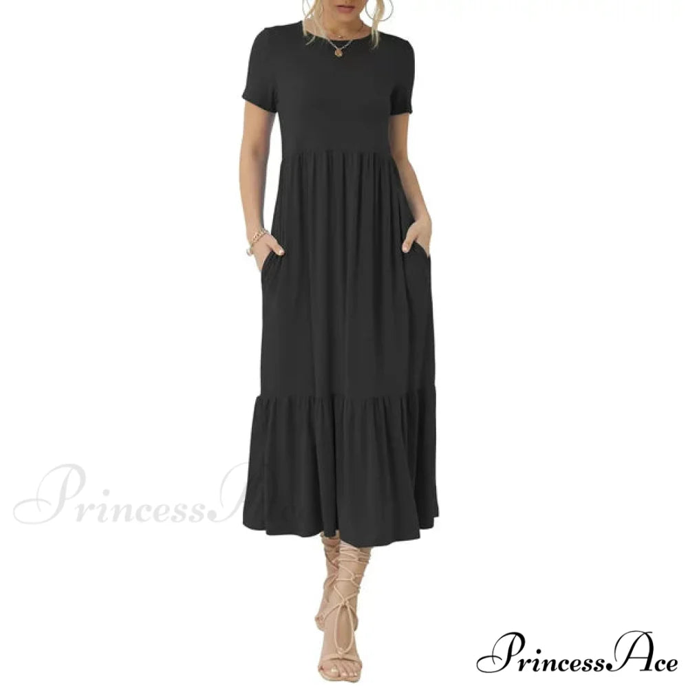 Tiered Maxi Beach Dress with Pockets - Short Sleeve M / Red