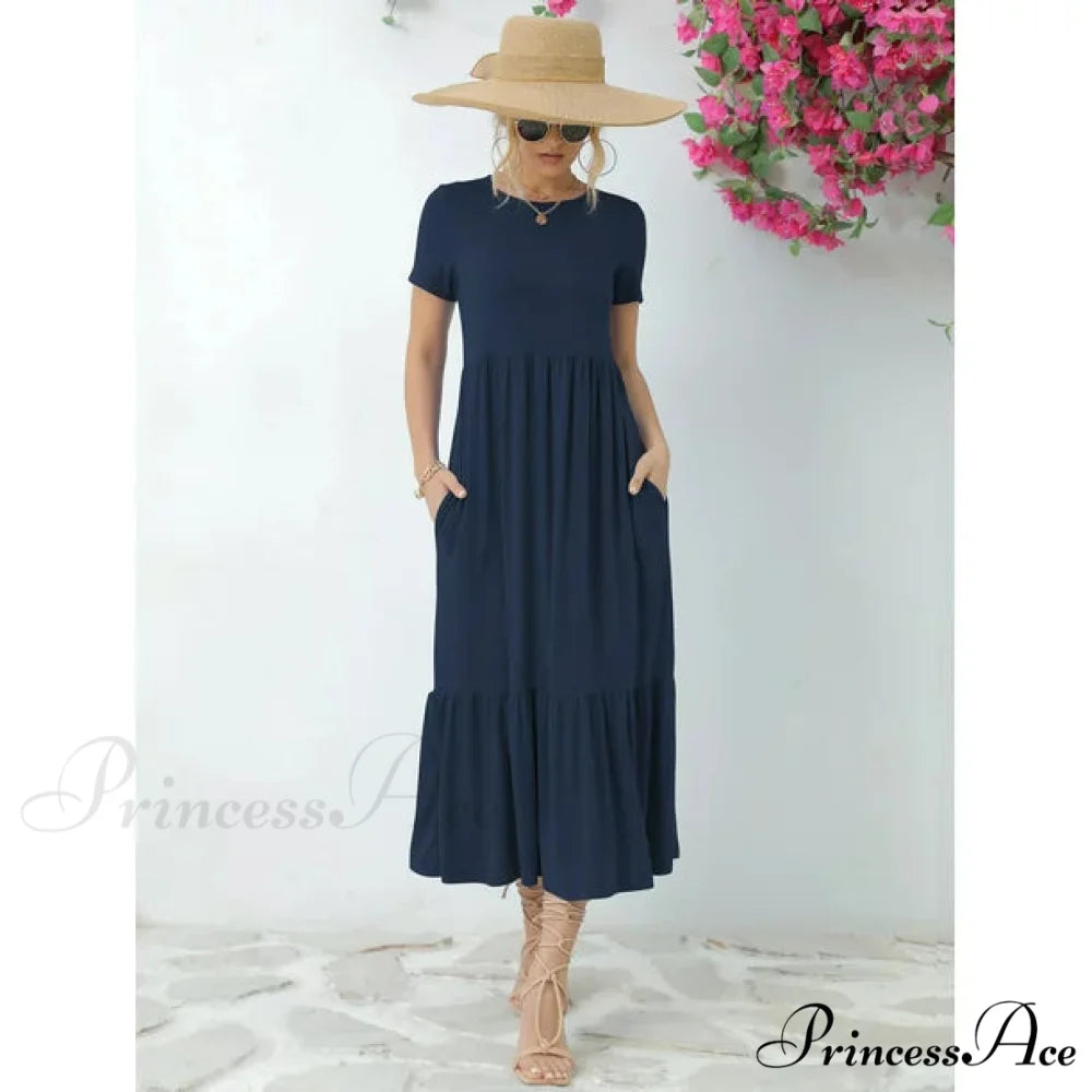 Tiered Maxi Beach Dress with Pockets - Short Sleeve S / Black