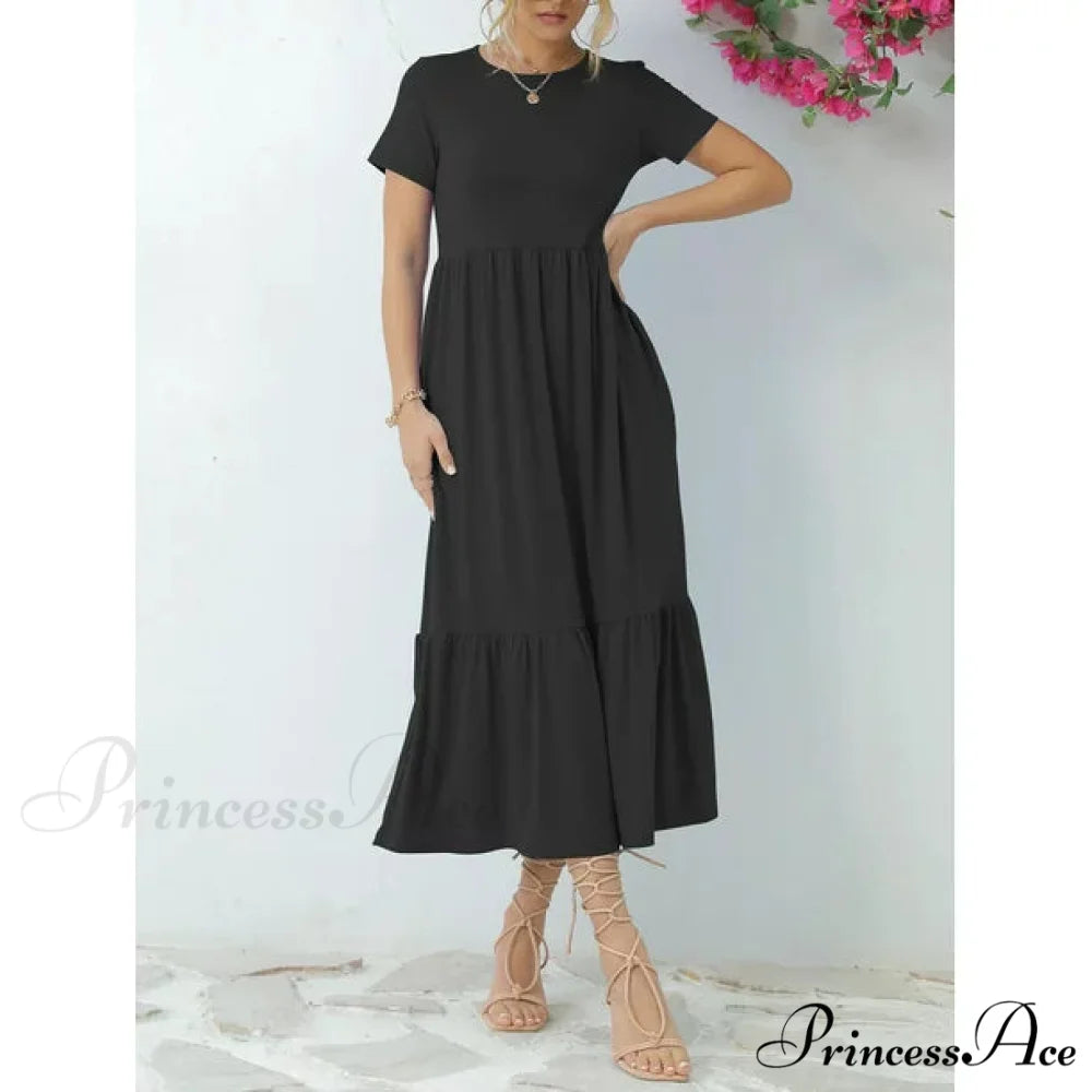 Tiered Maxi Beach Dress with Pockets - Short Sleeve S / Blue