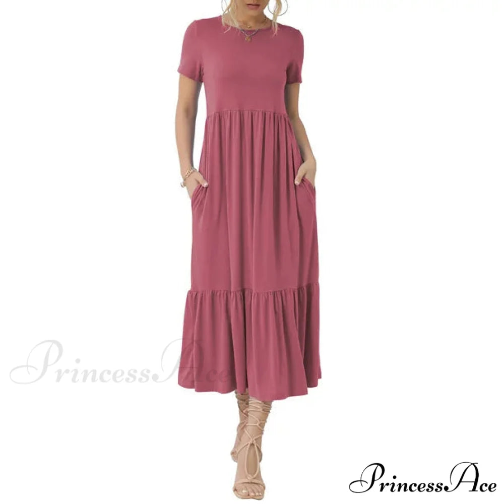 Tiered Maxi Beach Dress with Pockets - Short Sleeve S / Green