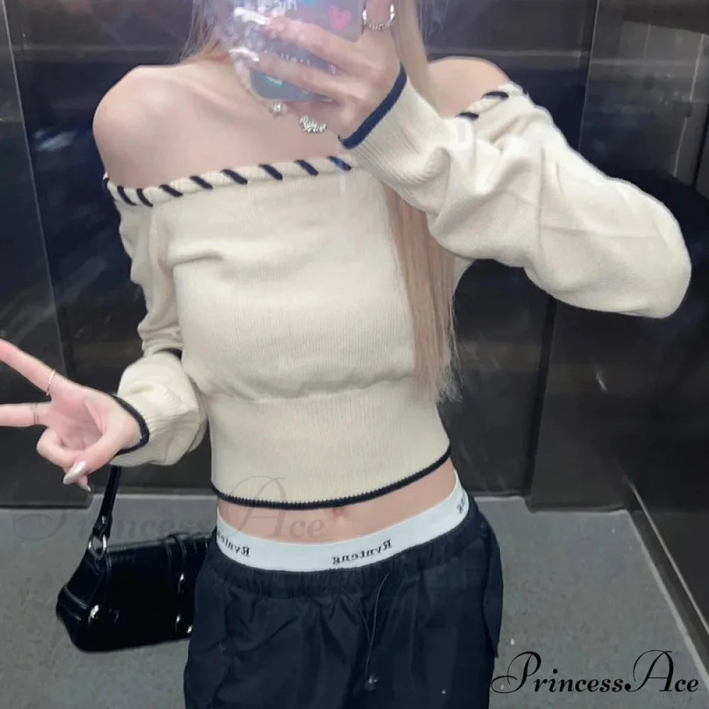 Tight Fit Korean Off-Shoulder Knitted Boat Neck Knit Top WHITE / One Size knittop-250126