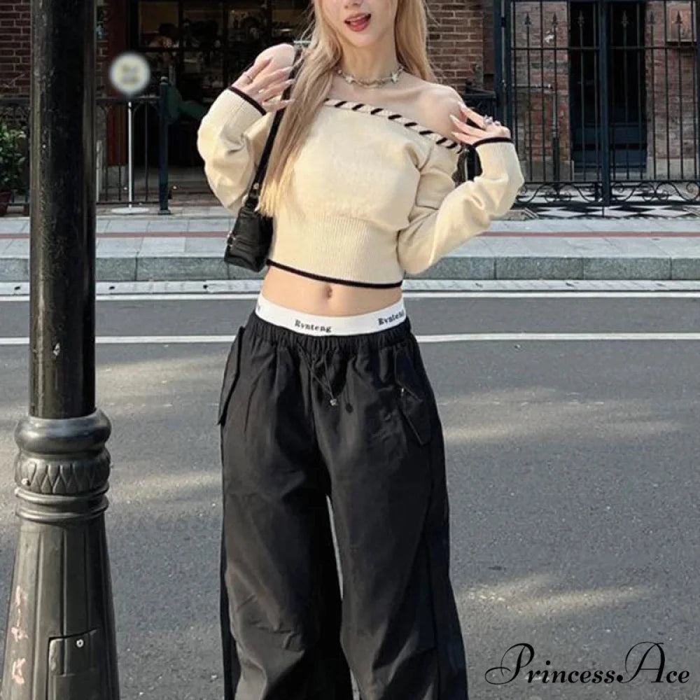 Tight Fit Korean Off-Shoulder Knitted Boat Neck Knit Top WHITE / One Size knittop-250126