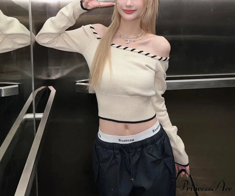 Tight Fit Korean Off-Shoulder Knitted Boat Neck Knit Top WHITE / One Size knittop-250126