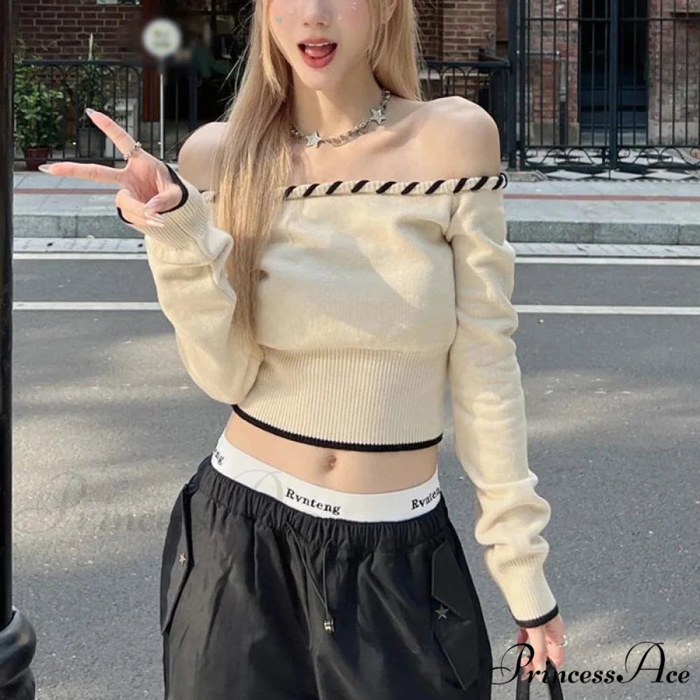 Tight Fit Korean Off-Shoulder Knitted Boat Neck Knit Top WHITE / One Size knittop-250126