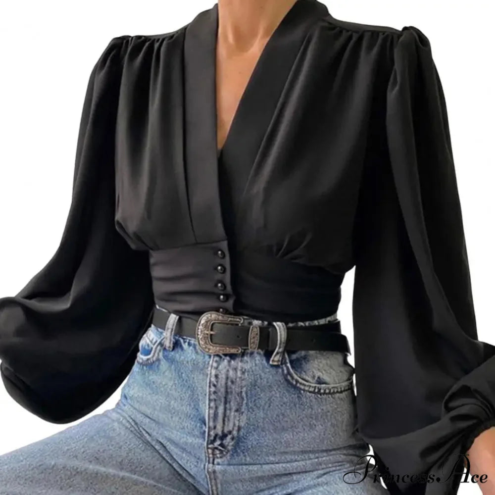 Tight Fit V Neck Cropped Lantern Blouse Black / M blouse-250126