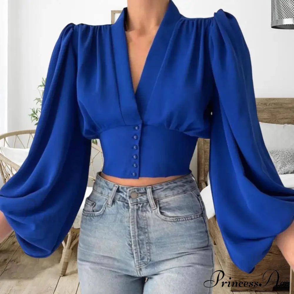 Tight Fit V Neck Cropped Lantern Blouse Blue / M blouse-250126