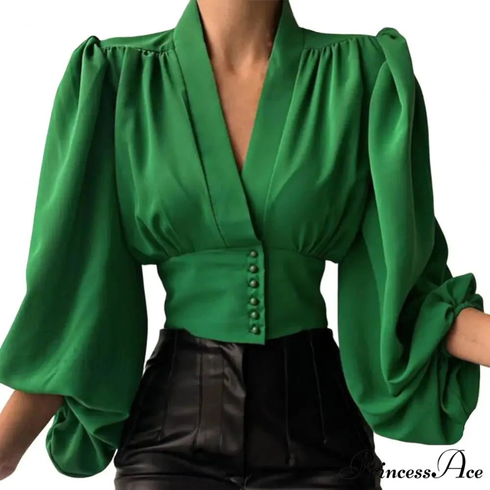 Tight Fit V Neck Cropped Lantern Blouse Green / M blouse-250126