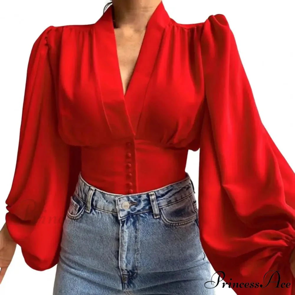 Tight Fit V Neck Cropped Lantern Blouse Red / M blouse-250126