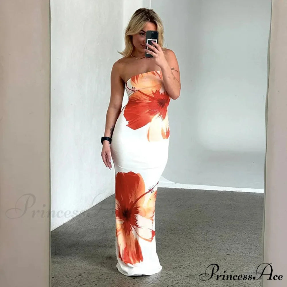 Tight-fitting Flower Pattern Strapless Informal Seaside Flower Dress floraldress-250126