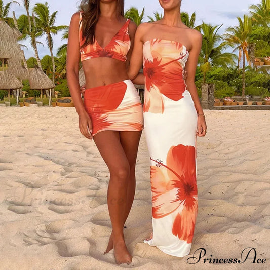 Tight-fitting Flower Pattern Strapless Informal Seaside Flower Dress floraldress-250126