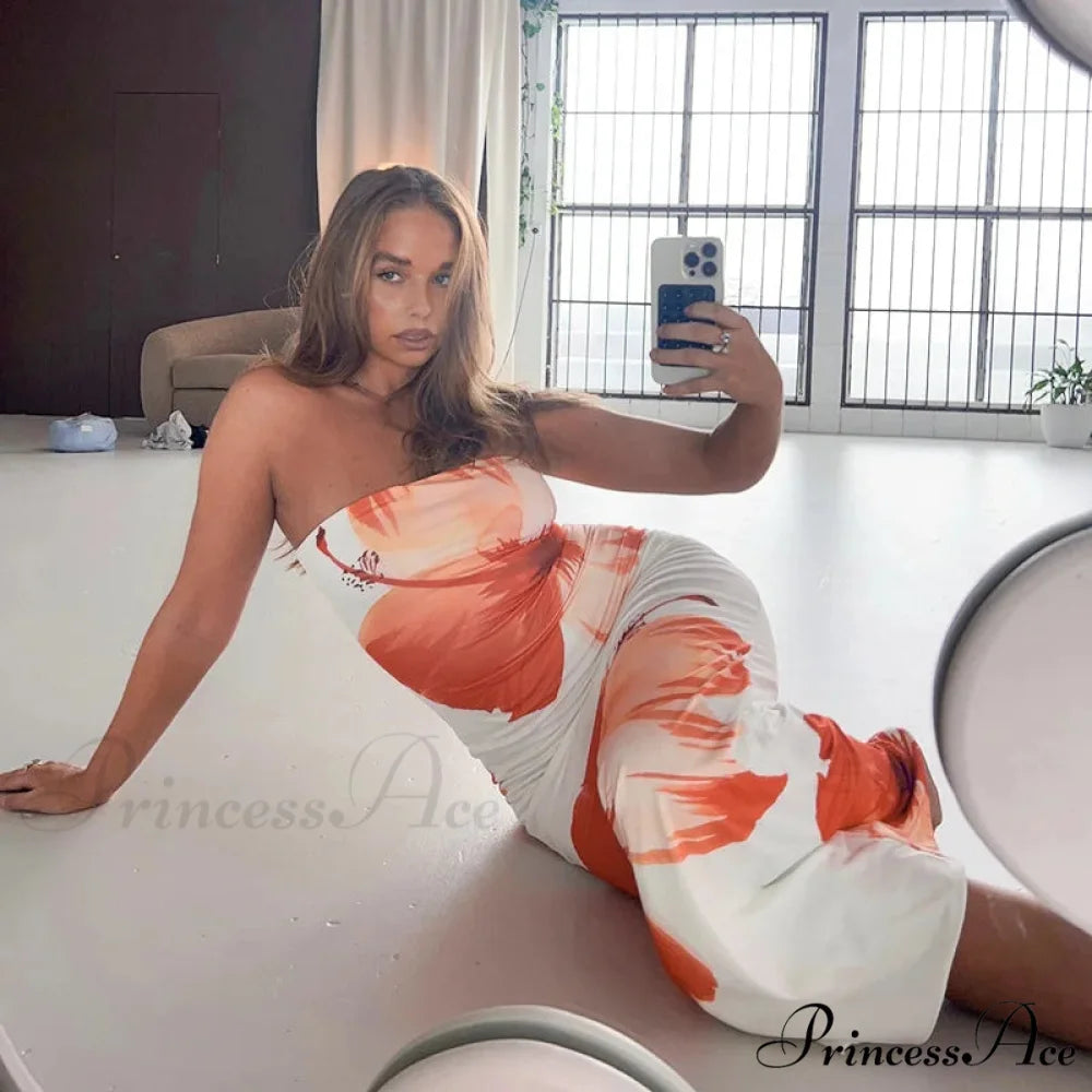 Tight-fitting Flower Pattern Strapless Informal Seaside Flower Dress floraldress-250126